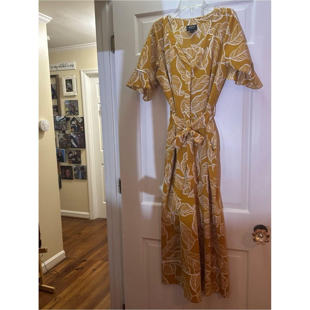 ECI Yellow Leaf-Print Wrap Maxi Dress